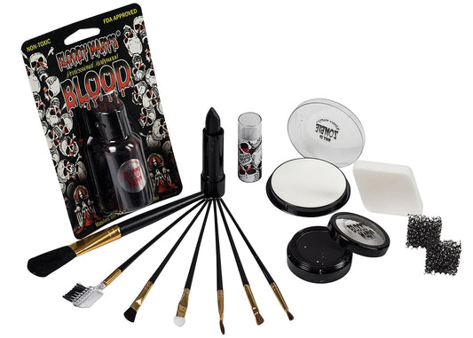 Scary Skeleton Makeup Kit By Bloody Mary - Professional Special Effects Face Makeup Supplies - FX Foundation, Black Blood Lipstick, Eye Shadow, Crayons, Brushes, Blood, Sponge & Case.