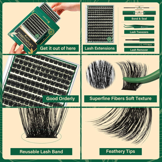 KEYYOU Lash Clusters Kit 182pcs Thick Volume Lash clusters 200D D Curl Wispy Easy to Apply with Lash Bond and Seal Lash Applicator Lash Remover Lash Extension Kit at Home(RMkit-200D-D-10-18mix)