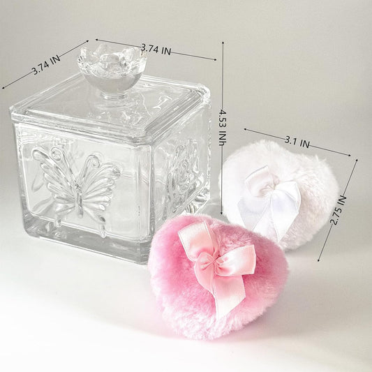 Body Powder Puff and Container - Glass Dusting Powder Container with 2 Soft Puffs – Vintage Powder Puff Case for Women & Girls (3.74x3.74x4.53 H IN) - GRB013-Transparent
