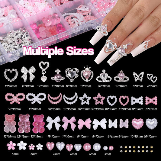 Silver Nail Gems Charms, 3D Pink Color Nail Art Charms, Acrylic Blossom Tiny Flowers Flatback Multi Styles Pearls Nail Charms Planet Heart Butterfly Nail Diamond Charms for Nails Manicure DIY Crafts