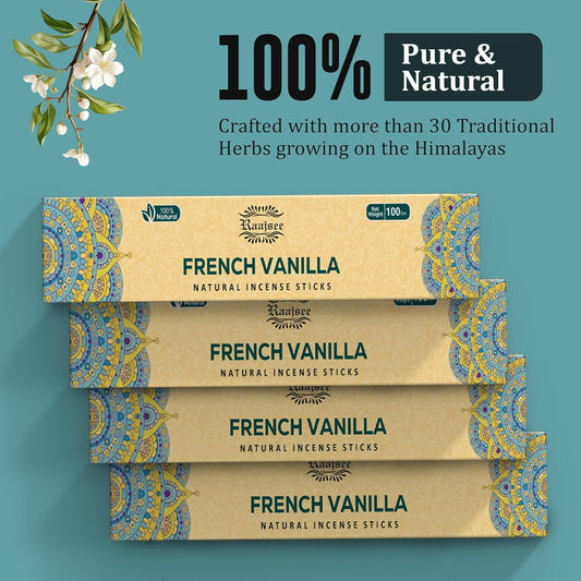 Raajsee French Vanilla Incense Sticks (180 gm), 100% Pure Organic Natural Hand Rolled Free from Chemicals - Perfect for Aromatherapy, Cleansing, Meditation, and Church (Pack of 12)