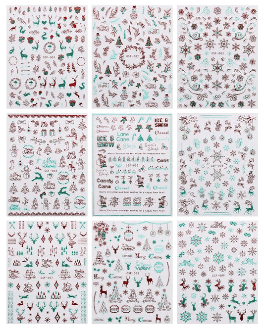 JMEOWIO 9 Sheets Christmas Glitter Nail Art Stickers Decals Self-Adhesive Green Red Snowflake Winter Holiday Nail Supplies Nail Art Design Decoration Accessories