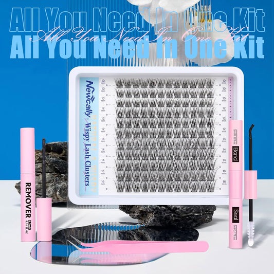 Cluster Eyelash Extensions Kit Lash Clusters Kit Natural Wispy Individual Lashes Kit C-curly DIY Lash Extension Kit 10-16MM Eyelash Clusters Kit with Lash Remover by Newcally