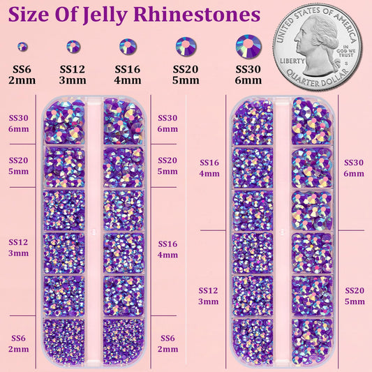 Resin Jelly Rhinestones for Crafting with B7000 Jewelry Glue, 2 Boxes Dark Purple AB Flatback Crystals with 3Pcs 10ml Glue, Bedazzling Non Hotfix Gems for DIY Tumblers Clothing Shoes Manicure