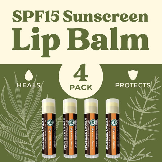 Earth's Daughter SPF Coconut Lip Balm 4-Pack - Lip Sunscreen, SPF 15, Organic Ingredients, Beeswax, Coconut Oil, Vitamin E - Hypoallergenic, Paraben Free, Gluten Free, New