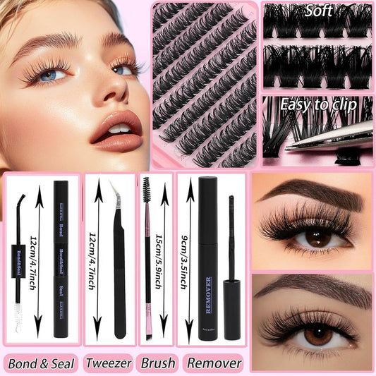 Lash Clusters Kit, Eyelash Clusters Individual Lash Extension Kit 480 Pcs D Curl Flufffy Wispy False Eyelashes Extensions Thin Band with Bond Seal Tweezers Brush Remover (60D+80D Kit 9-16mm)