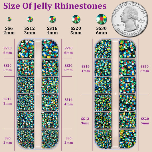 Resin Jelly Rhinestones for Crafting with B7000 Jewelry Glue, 2 Boxes Emerald Black AB Flatback Crystals with 3Pcs 10ml Glue, Bedazzling Non Hotfix Gems for DIY Tumblers Clothing Shoes Manicure