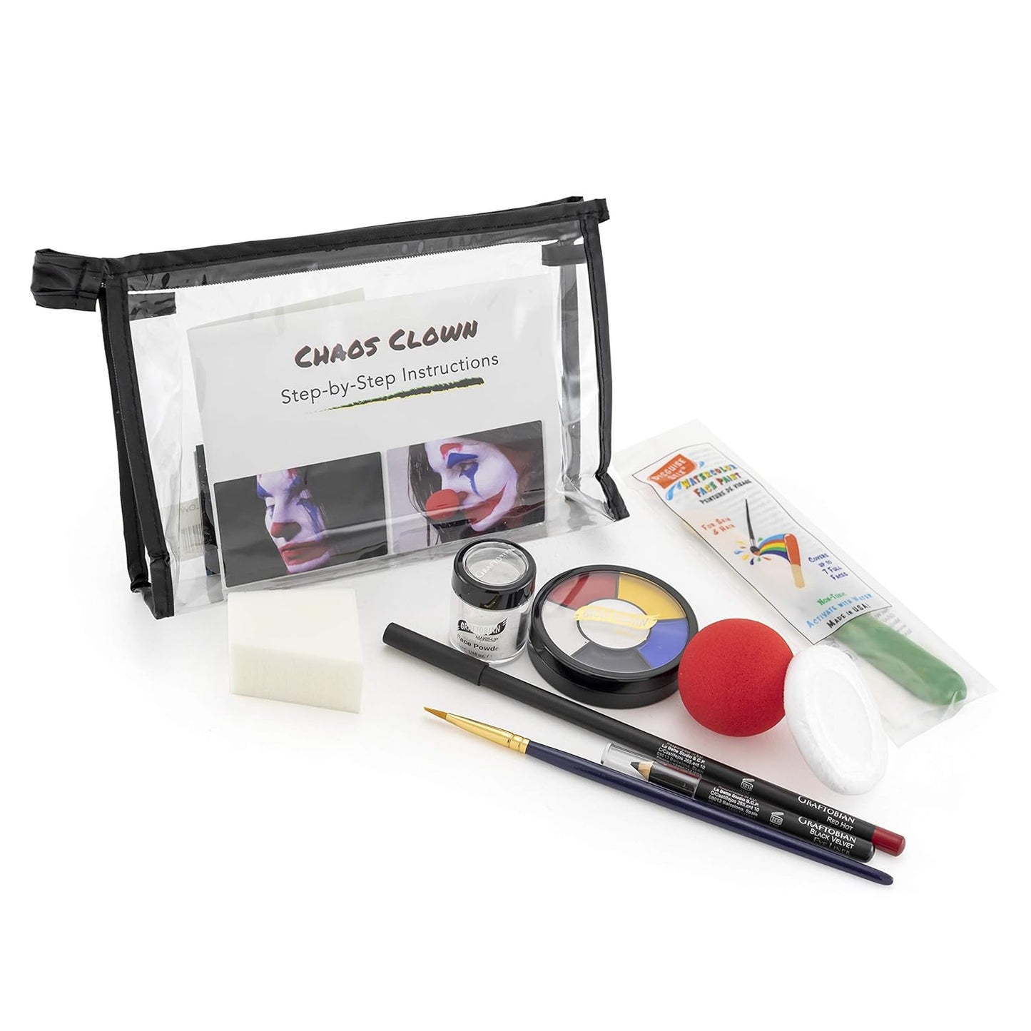 Graftobian Chaos Clown Makeup Kit - Complete 10 Piece Set for Joker Jester or Clown Halloween Costume - Full Color Instructions (Standard)