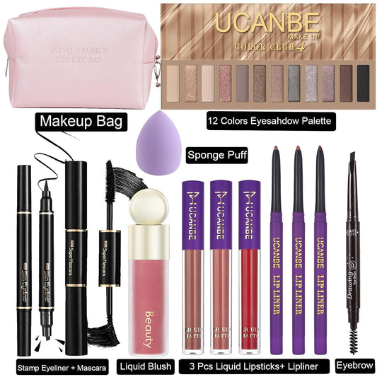 UCANE All In One Makeup Sets For Women, Naked Eyeshadow, Lipsticks, Lipgloss, Mascara, Eyeliner, Eyebrow Pencil, Liquid Blush, Cosmetic Bag, Beauty Gift Kit For Teens