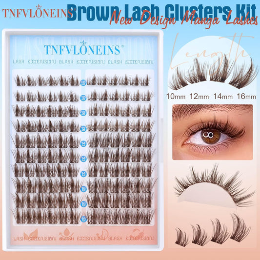 Brown Lash Clusters Kit Manga Lash Extension Kit Natural Eyelash Clusters Wispy 10-16MM Individual Lashes Clusters Anime Eyelash Extension Kit with Bond and Seal and Tweezers by TNFVLONEINS