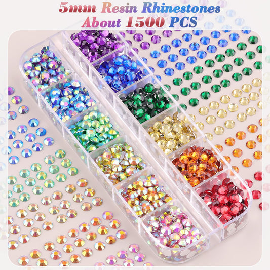 5000 PCS Flatback Rhinestones for Crafting and 3PCS B7000 Glue (Pack 2), 2 Boxes of Rainbow Resin Rhinestones Gems Charms for Bedazzling DIY Crafts Fabric Clothing Tumblers Shoes Nail Art