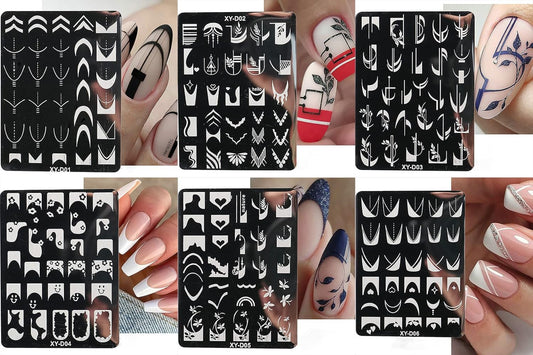 6Pcs Nail Art Stamping Templates Set with French Line Flowers Leaves Smiley Heart Design Art Stamping Kits DIY Printing Tools Fashion Art Decoration for Women and Girls