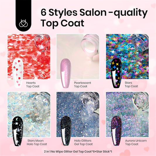 beetles Gel Polish 6Pcs Heart Star Reflective Glitter Gel Top Coat Set, Clear Pink Color Pastel Nail Polish No Wipe Top Coat Long Lasting Highly Shine Soak Off Uv Gel Art