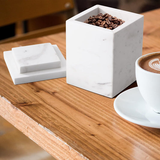 WORHE Marble Canister Natural Stone Qtip Holder with Lid Square Bathroom Vanity Organizer for Makeup Sponge Coffee Bean Dispenser Storage Jar Case for Home Decor White (DLW201)