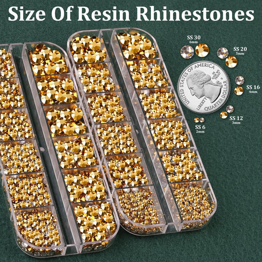 Resin Rhinestones for Crafting with B7000 Jewelry Glue, 2 Boxes Gold Flatback Crystals with 3Pcs 10ml Glue for Bedazzling Crafts DIY Nail Art Makeup,Non Hotfix Gems for Clothing Shoes