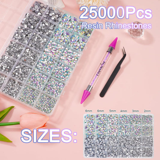 Canvalite 25000PCS Resin Jelly Rhinestones for Crafting,Clear AB Flatback Gems, Bedazzling Crystal with 5 X 2.5g B7000 Jewelry Glue and Tweezers and Dotting Pen for DIY Crafts Clothing Shoes Nail Art