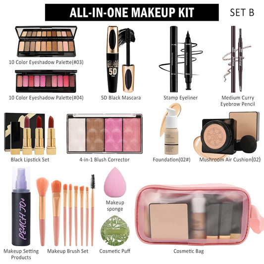 All In One Multipurpose Makeup Kit for Women,Travel Makeup Set,Makeup Gift Full Kit,Includes Foundation Eyeshadow Palette Lipstick Mascara Eyeliner Blusher Cosmetic Brush Set with Makeup Bag-Set B