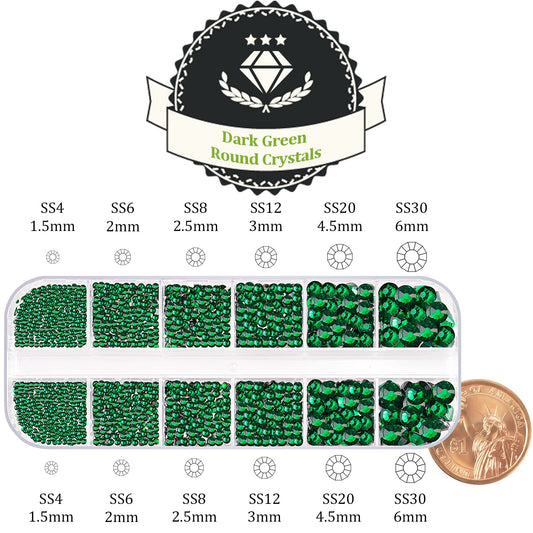 One Pack 2000 Pcs of Flatback Round Dark Green Rhinestones 6 Sizes (1.5-6 mm) with Nail Art Rhinestone Picker Pencil and Tweezers for DIY and Salon Use