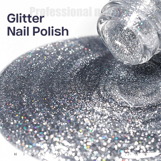 MIZHSE Quick Dry Glitter Silver Nail Polish, Classic Nail Polish Air Dry Fast, 15ml High Glossy Sparkly Shiny Shimmery Nail Art Salon Manicure Home