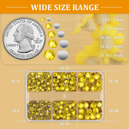 Resin Rhinestones for Crafting, 1 Box Lemon Yellow Multi Sizes Flatback Bedazzling Crystals for Crafts Nail Art Deco, Non Hotfix Gems Charms for Tumbler Shoes Clothing Fabric Face Makeup