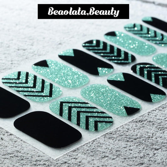 Nail Polish Strips, 32PCS Salon Quality Wraps, Long Lasting Gel Nail Stickers for Women Easy Apply& Remove (Geometry Green Glitter)