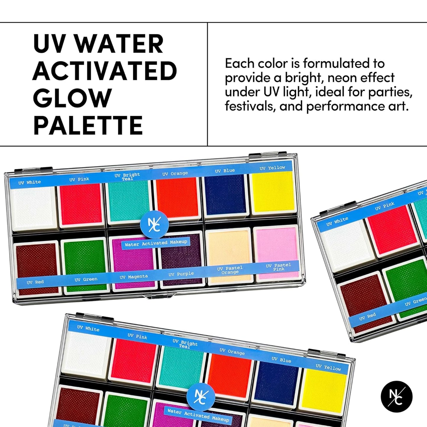 UV 12-Color Palette - Water-Activated Neon Glow Makeup for Face & Body - Fluorescent Shades for SFX, Party Makeup, Cosplay & Theatrical Performances