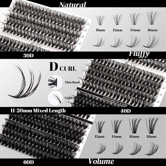 DIY Lash Extensions Kit 320pcs Individual Lashes Clusters 30D 40D 60D D Curl Eyelash Extension Kit with Applicator and Lash Bond&Seal, Lash Remover For False Eyelash Mix 11-20mm (30D+40D+60D KIT)