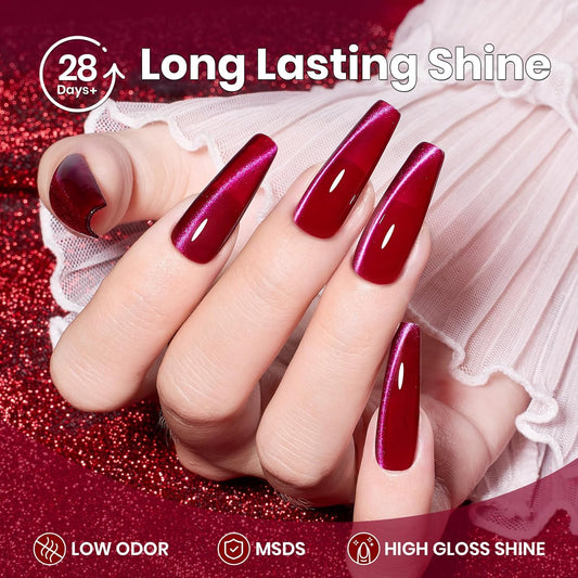 Beetles Red Cat Eye Gel Nail Polish - 15ML Cherry Red Glass Cat Eye Magnetic Glitter Gel Polish with Pink Powder Sheer Gel Soak Off UV Cherry Shimmer Collection Nail Art Design Manicure Gift for Women