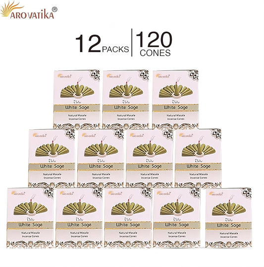 ARO VATIKA Vedic White Sage Natural Masala 120 Incense Cones in Pack of 12 Boxes| Best for Prayer, Reiki, Meditation and Relaxation | Burn Time- 25 mins