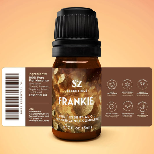Frankie - Frankincense Complete Pure Essential Oil - 100% Natural and Undiluted - Extracted from 5 top Boswellia Trees - Warm & Rich Balsamic Scent with Hints of Earthy Spice -0.17 oz