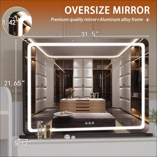 Hasipu Vanity Mirror with Lights, 31.5" x 22" LED Makeup Mirror, Lighted Makeup Mirror with Dimmable 3 Modes, Touch Screen Control Vanity Mirror Round Black