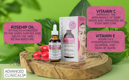 Advanced Clinicals Rosehip Oil For Face | Anti Wrinkle Facial Skin Care Serum | Vitamin C Serum Moisturizer Face Oil W/Vitamin E For Fine Lines, Dark Spots, Uneven Skin Tone, & Sun Damage, 1.8 Fl Oz