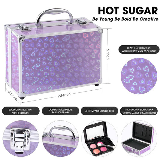 Hot Sugar Makeup Kit for Teenager Girls - Full Starter Cosmetics Set with Eye Shadow Lip Balm Blush Lip Gloss Brush Lip Pencil Eye Pencil and Mirror (Purple Love)