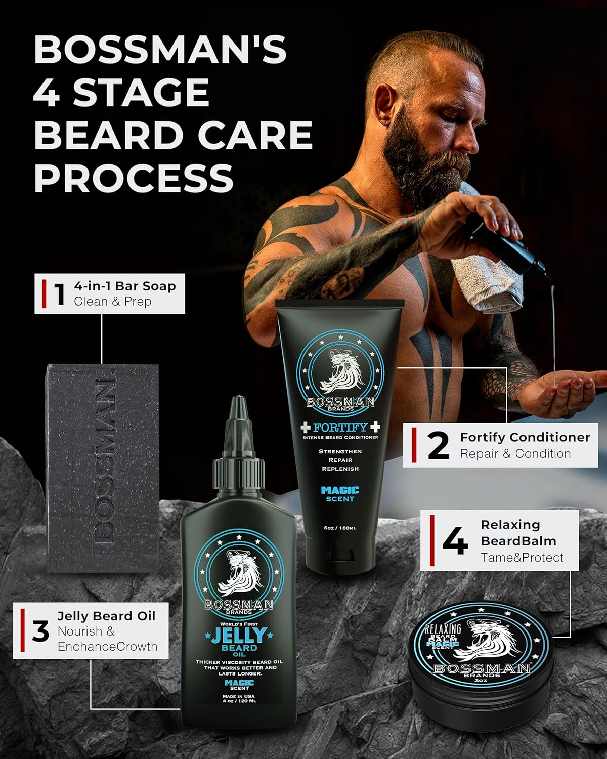 Bossman Fortify Intense Beard Conditioner for Men (Magic Scent) – Moisturizes, Replenishes & Protects with Natural Ingredients – Thicker Formula, Made in USA