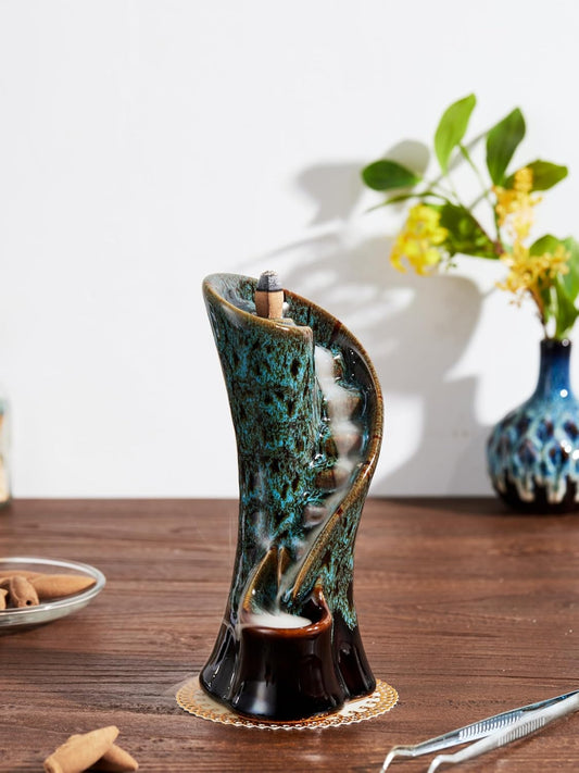 Unique Cloud Stairs Ceramic Waterfall Incense Holder, Paired with a Pack of Backflow Incense Cones. (Fambe Blue)