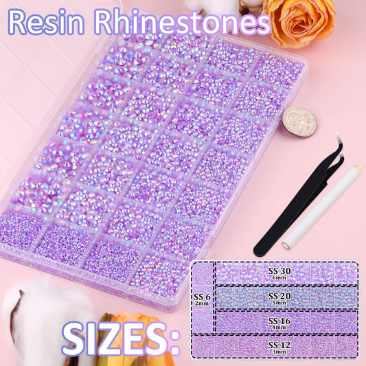 30000Pcs Resin Rhinestones for Bedazzling with Tweezers, Lavender Purple AB Rhinestones for Crafting with B7000 Jewelry Glue for DIY Crafts Clothing Tumblers Shoes Fabric Nail Art