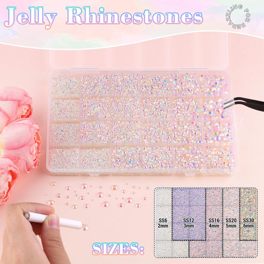 25000Pcs Resin Jelly Rhinestones with Tweezers for Crafting, 2-6mm Mixed Sizes (Transparent AB) Non Hotfix Flatback Gems, Bedazzling Crystal for DIY Crafts Clothing Tumblers Mugs Shoes Decor Nail Art