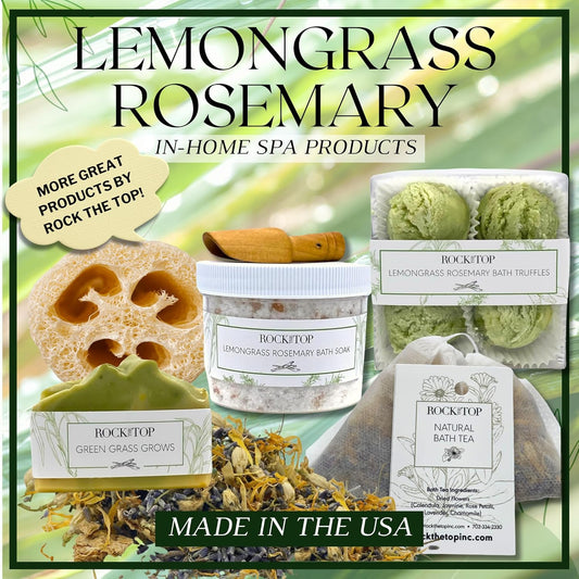 | 6 Lemongrass Rosemary Self Care Gifts for Women, Aromatherapy Epsom Salt Bath Soak, Lavender Soap, Bath Bombs, Bath Salts with Plant Based Loofa Dry Brushing Body Brush Gift