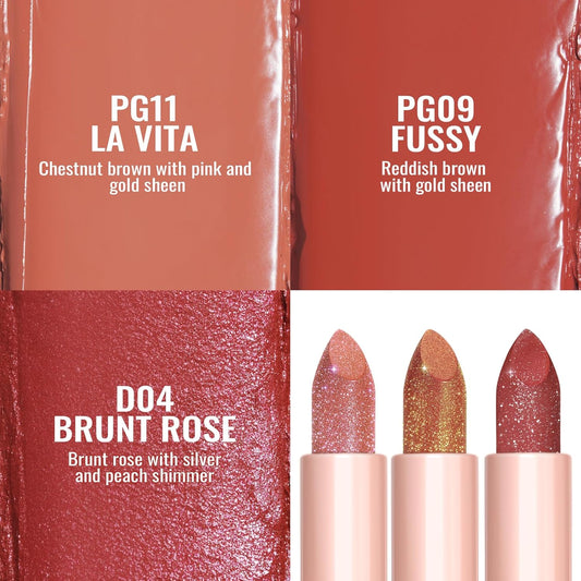 Oulac Moisture Shine Lipstick Set 3PCS - Infinity High Shine Finish, Hydrating Vegan Lipstick Infused with Damask Rose Oil for All-Day Comfort, Gluten-Free, PG11+PG09+D04