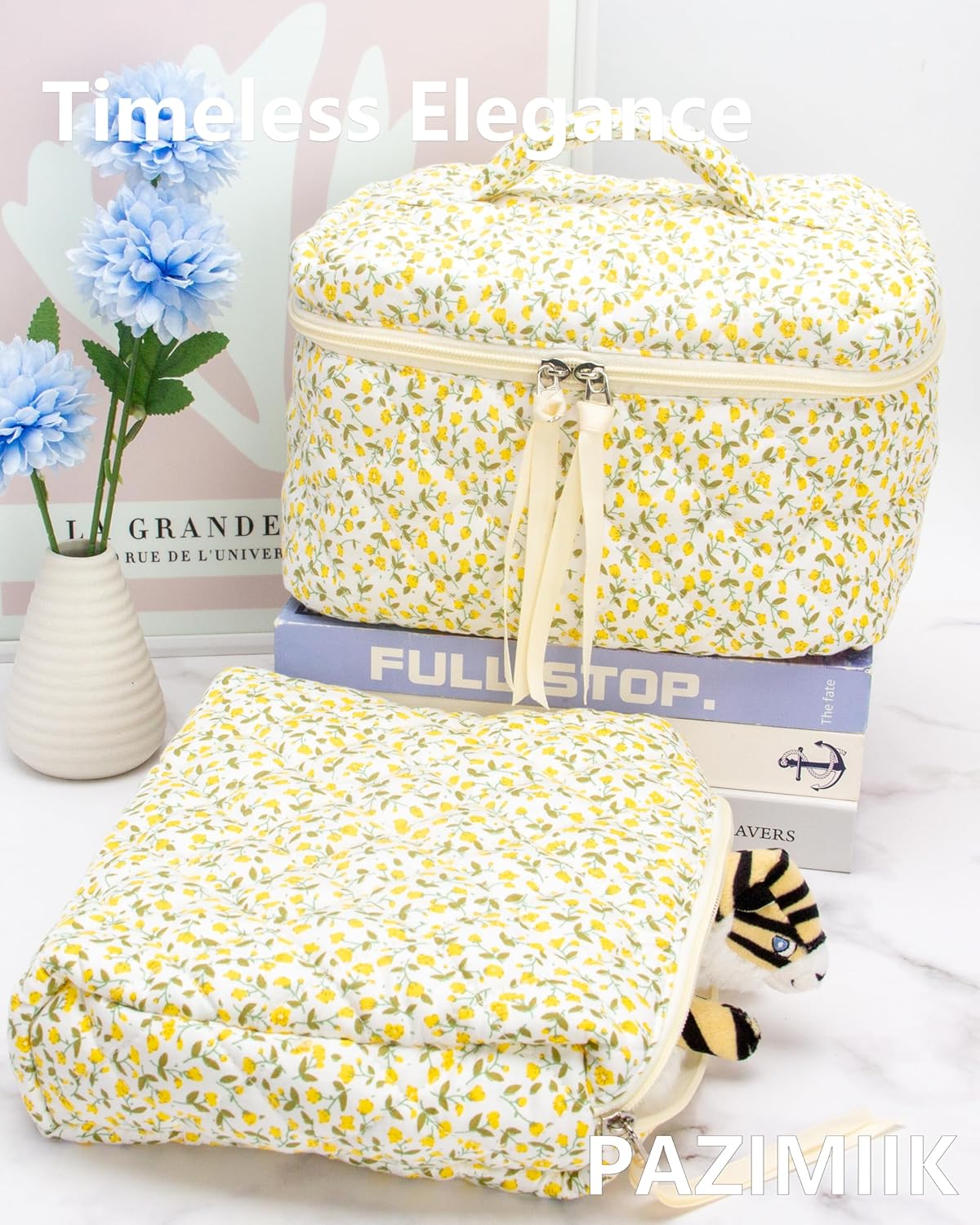 PAZIMIIK Quilted Makeup Bag Large Travel Zipper Soft Cosmetic Pouch for Women Girls Make Up,Floral Yellow
