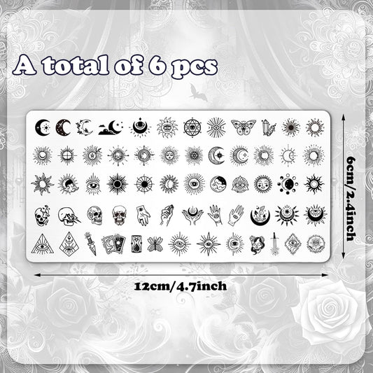Whaline 6Pcs Gothic Halloween Nail Plates Stamping Set Skull Evil Eye Moon Stamp Templates Halloween Nail Art Plates for DIY Print Manicure Salon Design