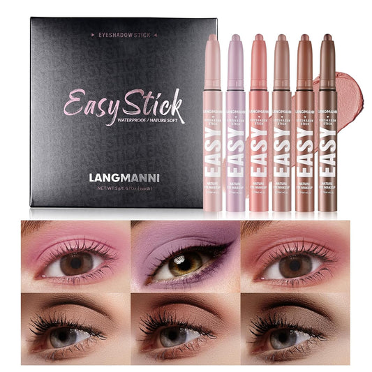 LANGMANNI Eyeshadow Stick, 6 PCS Waterproof Multi-Color Eyeshadow Pen Set, Creamy Long-Lasting Eye Makeup Kit, Natural & Shimmer Shades Contour Stick, Perfect Gifts For Women (#A)