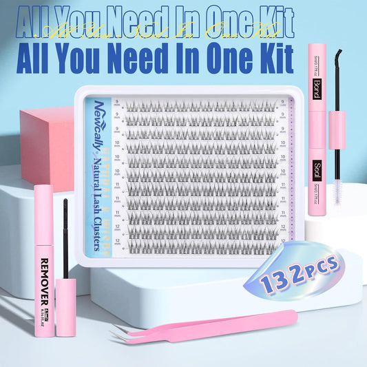Natural Lash Clusters Kit DIY Lash Extension Kit Wispy Eyelash Extension Kit C-curly Individual Lashes Kit 9-12MM Short Eyelash Clusters with Lash Remover by Newcally