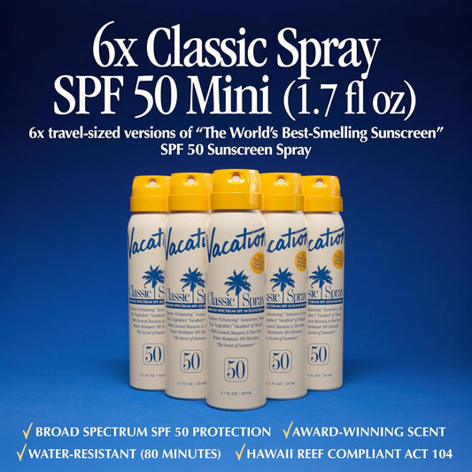 Vacation Mini Classic Sunscreen Spray SPF 50, Water-Resistant, Mini Sunscreen Bulk Party Favor, Sunblock Travel Size, TSA Suntan Lotion for Carry On, 1.7 Fl. Oz. (Value Pack of 6)