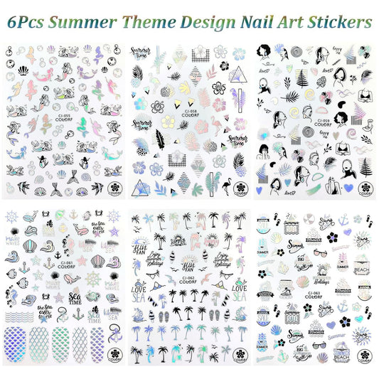 Summer Nail Art Stickers 6 Sheets Shell Nail Decals 3D Self-Adhesive Nails Design Accessories Palm Tree Jellyfish Mermaid Stickers for Women Nails Decoration