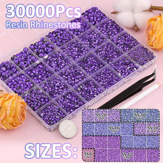 30000Pcs Dark Purple Rhinestones for Bedazzling with B7000 Jewelry Glue, Bedazzler Kit Flatback Gems, Resin Rhinestones for Crafting Crafts Clothing Shoes Fabric Nail Art Assorted Size 2/3/4/5/6mm