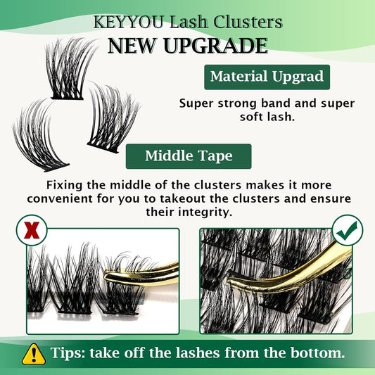 Lash Clusters 96pcs Individual Lashes Y08 D Curl 10mm Cluster Lashes KEYYOU Volume Wispy Lash Extension Soft&Comfortable Easy DIY at Home(Y08 D-10mm)