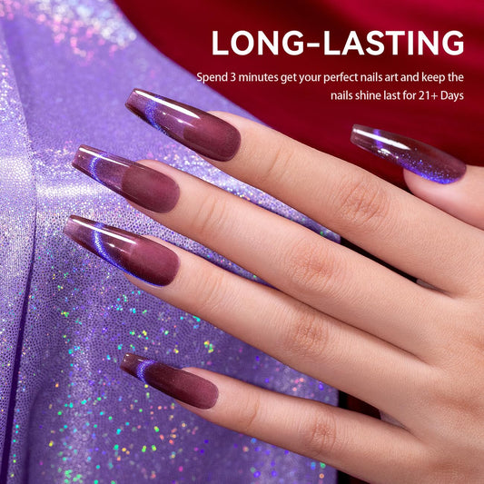 RARJSM Glitter Cat Eye Gel Nail Polish Aurora Purple Multi Color Velvet Diamond Cateye Gel Polish with Magnet Stick Reflective Shimmer UV LED Curing Requires Soak Off for Home Salon Manicure 15ml