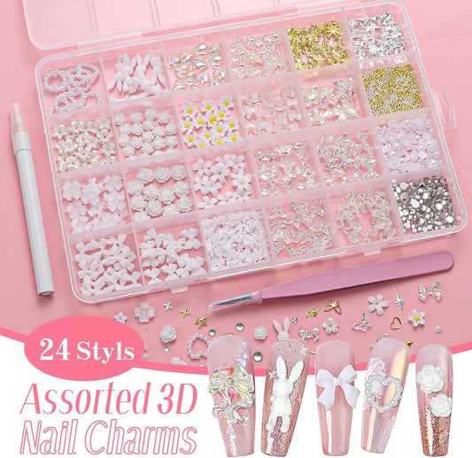 3D Nail Charms and Gems, Mix Flower Bow Heart Colorful Acrylic Nail Art Charms, Mix Nail Pearl Rhinestones and Caviar Beads for Nails, Cute Hollow Pearls Jewelry for Art Design DIY Crafts