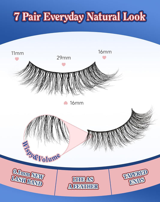 Natural Lashes Wispy False Eyelashes Strip Flared Natural Look Eyelash CatEye Lash Soft Lashes Fluffy Mink Eyelash Pack 7 Pairs 16MM D76